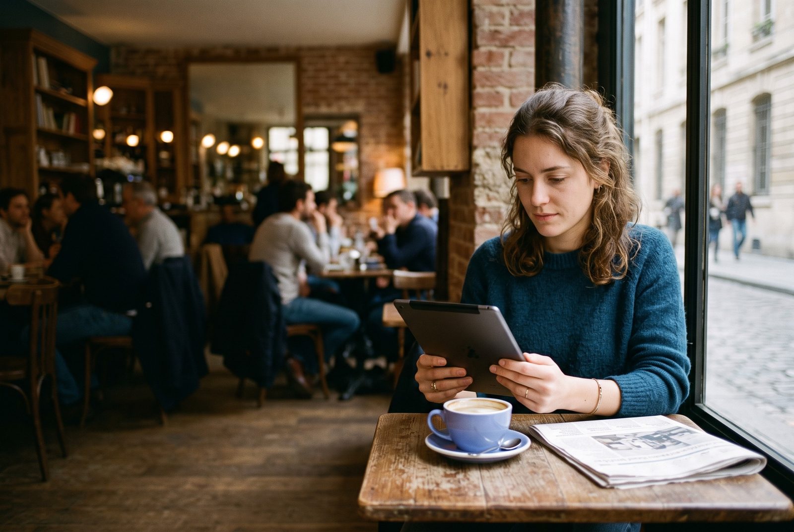 Una donna legge su un tablet al tavolino di un bar, vicino alla finestra
