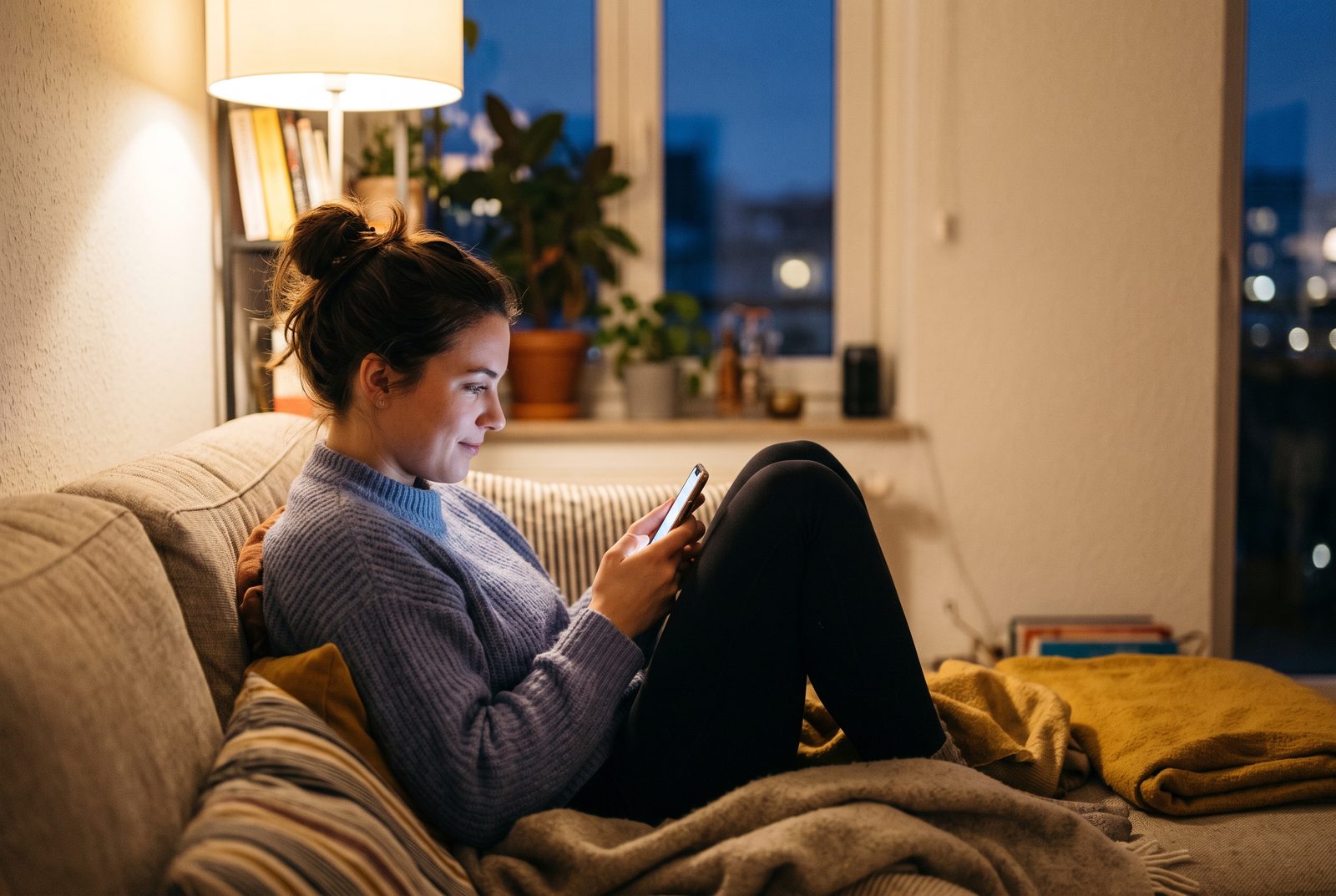 A woman on a sofa in the evening watching a video on her phone