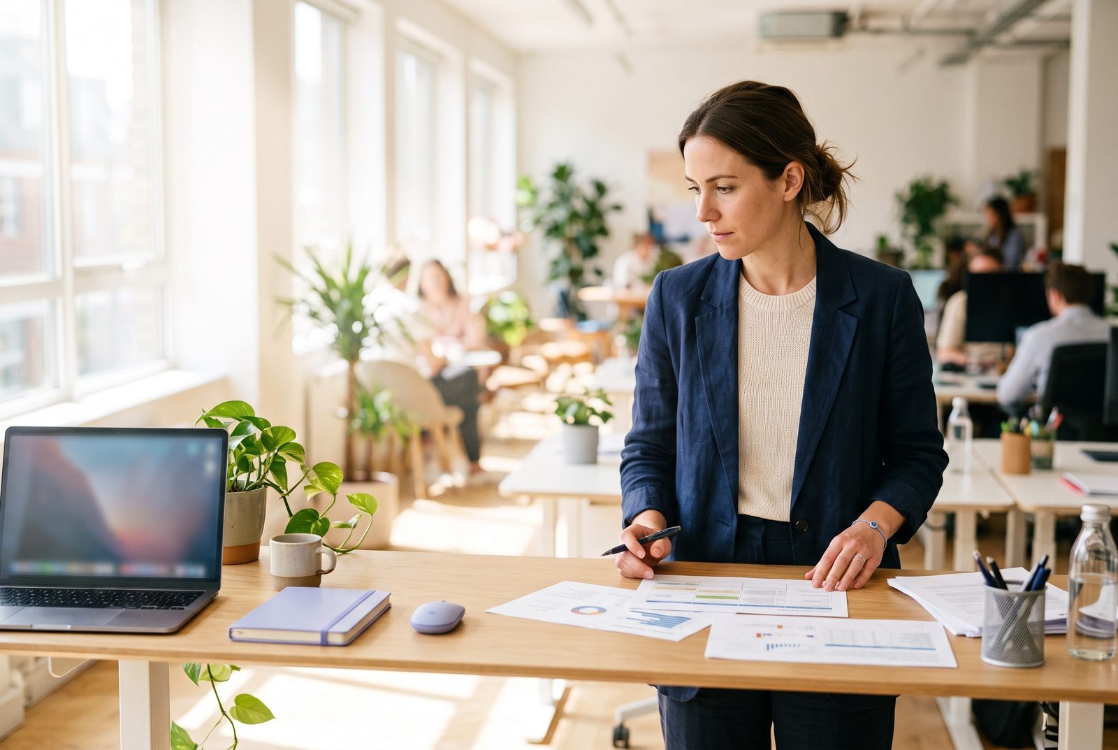A media planner reviewing a printed campaign plan at a standing desk