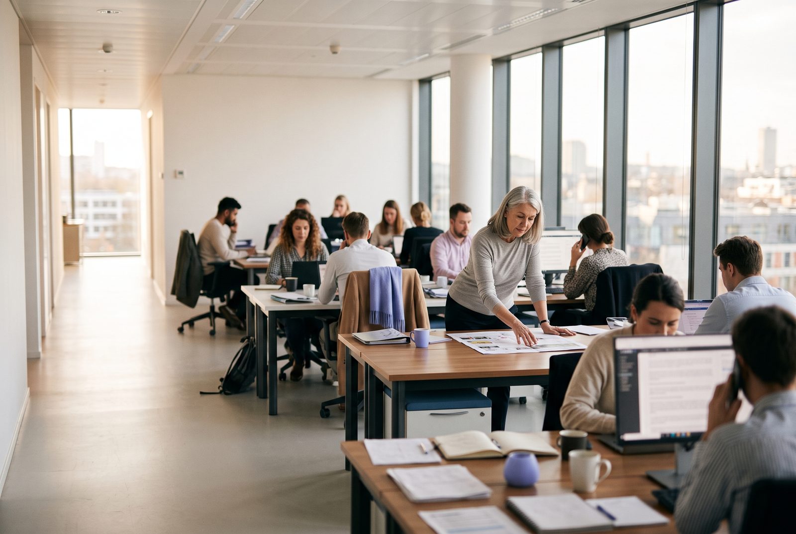 An editorial newsroom with journalists working at their desks