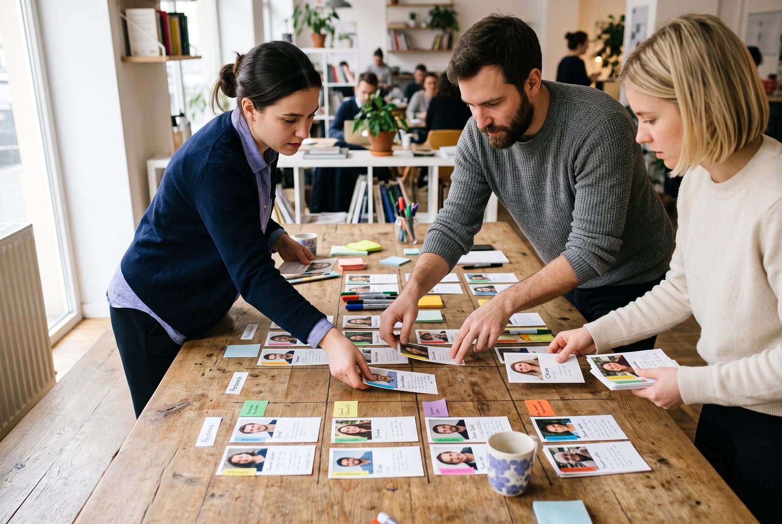 A team arranging printed persona cards on a wooden table