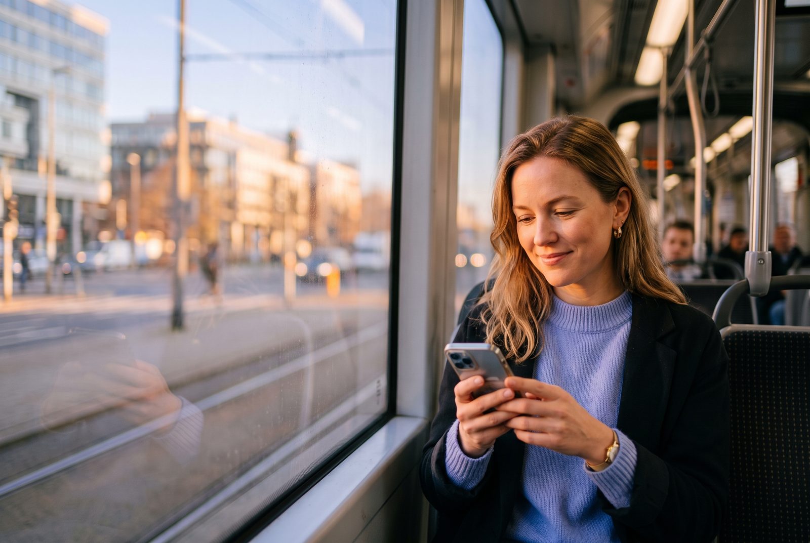 A woman reading on her phone by the window of a city tram in the morning