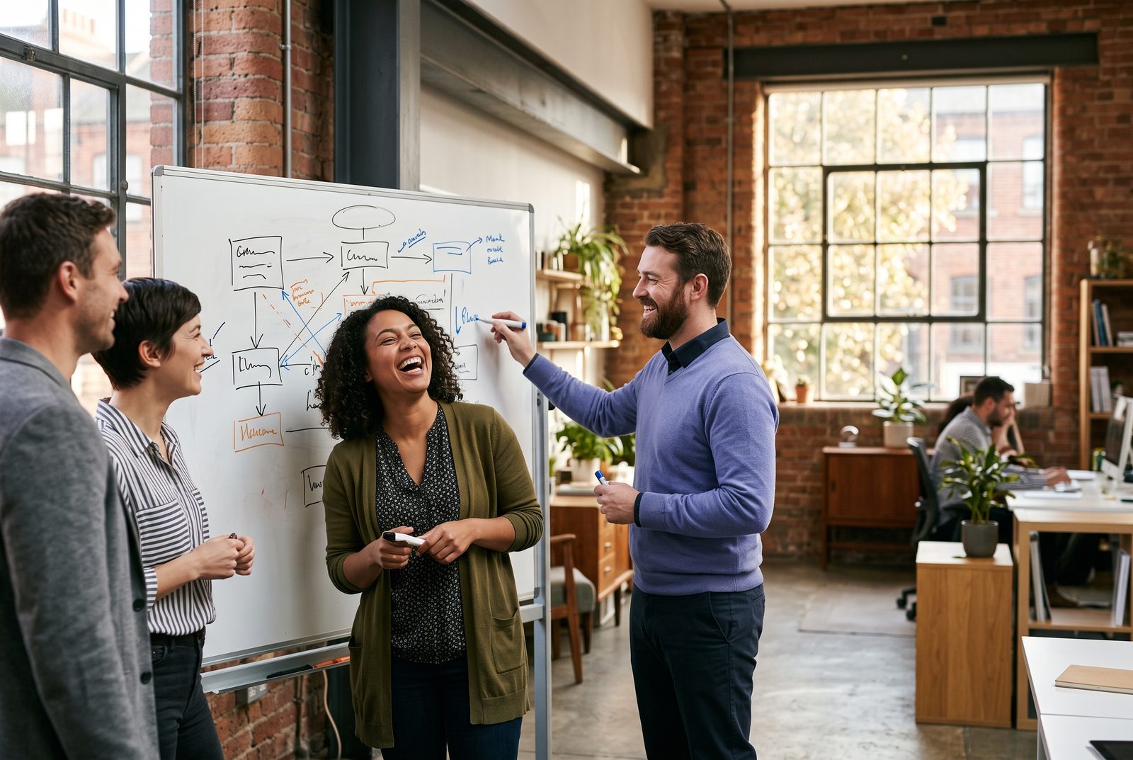 A team laughing together at a whiteboard in a bright office